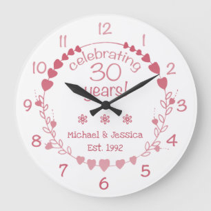 30th Wedding Anniversary Hearts Large Clock