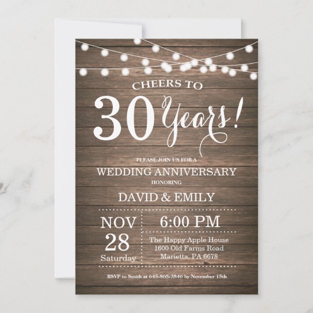 30th Wedding Anniversary Invitation Rustic Wood (Front)