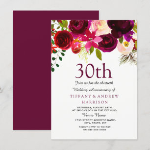 30th Wedding Anniversary Invite Burgundy Flowers
