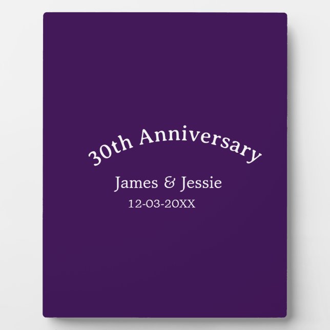 30th wedding anniversary name date purple simple  plaque (Front)