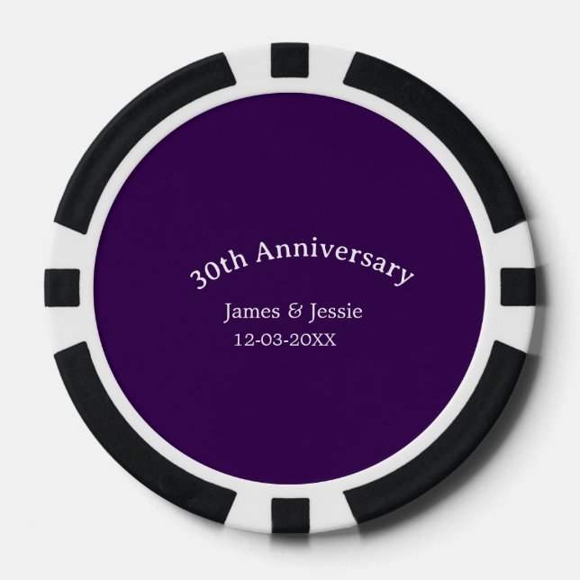 30th wedding anniversary name date purple simple  poker chips (Front)