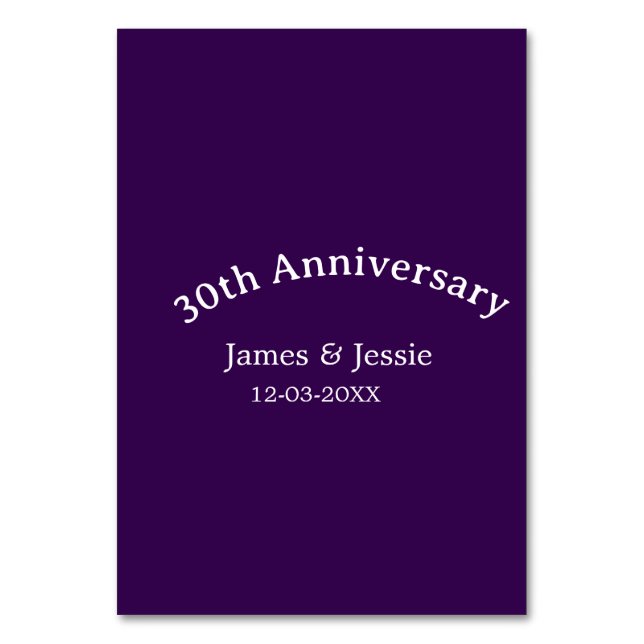 30th wedding anniversary name date purple simple  table number (Front)