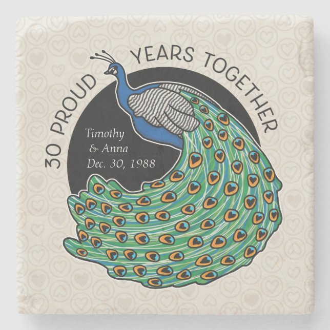 30th Wedding Anniversary, Peacock Bird Hearts Stone Coaster (Front)