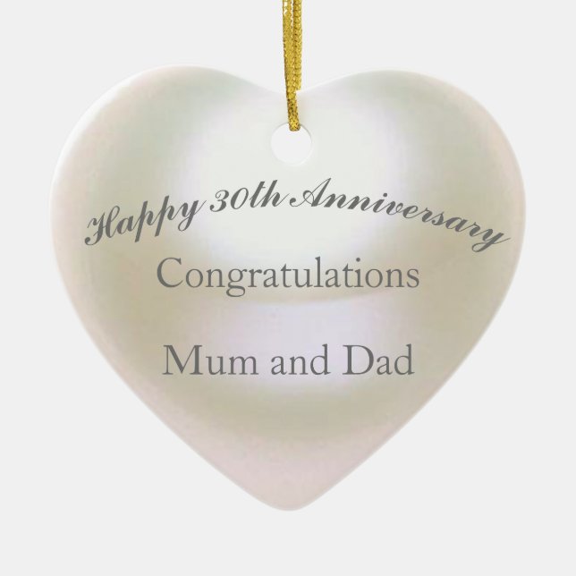 30th Wedding Anniversary Pearl Heart Ceramic Ornament (Front)
