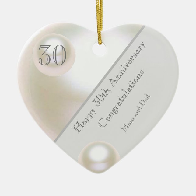 30th Wedding Anniversary Pearl Heart Ceramic Ornament (Front)
