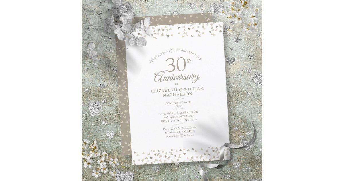 30th Wedding Anniversary Pearl Hearts Confetti Invitation | Zazzle