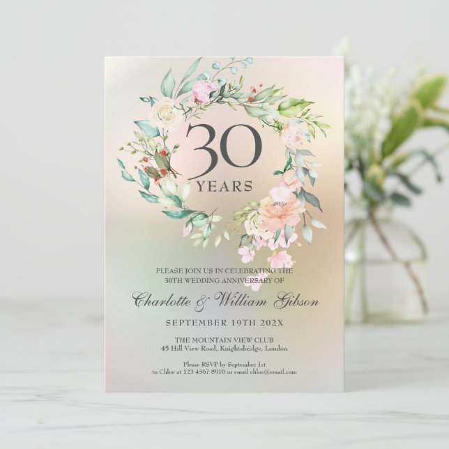 30th Wedding Anniversary Roses Floral Pearl  Invitation (Standing Front)