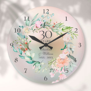 30th Wedding Anniversary Roses Floral Pearl Large Clock