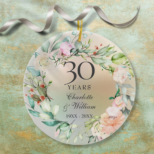 30th Wedding Anniversary Roses Garland Pearl Ceramic Ornament