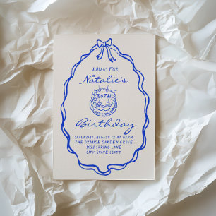 30thBlue Bow Hand Drawn Coquette Birthday Party Invitation