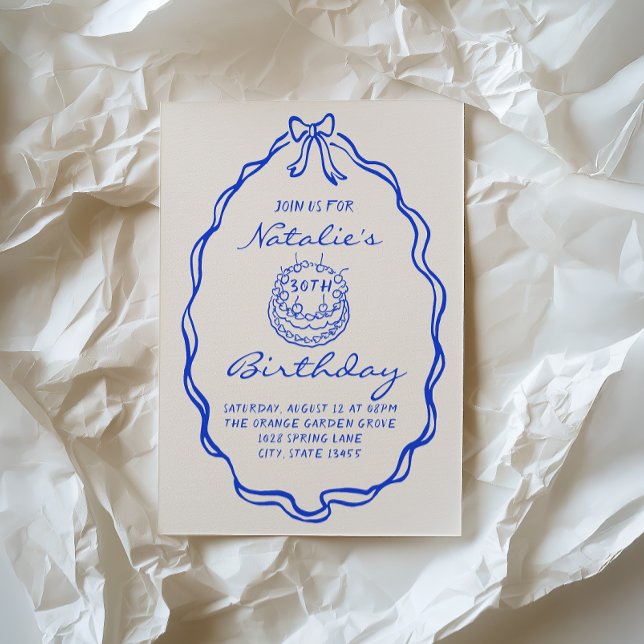 30thBlue Bow Hand Drawn Coquette Birthday Party Invitation (Creator Uploaded)