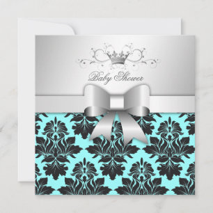 311-Blackberry Blue Damask Bow Baby Shower Invitation