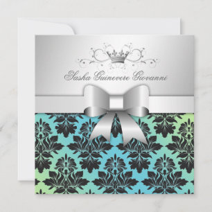 311-Blackberry Damask Bow Turquoise Lime Sweet 16 Invitation