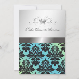 311-Blackberry Damask Ribbon  Turquoise Lime Invitation
