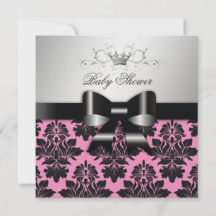 311 Blackberry Pink Damask Black Bow   Baby Shower Invitation