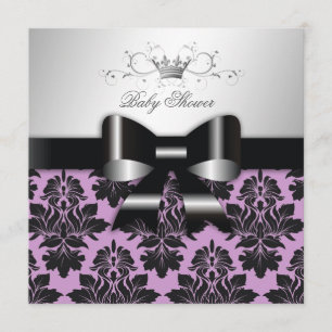 311 Blackberry Purple Damask Black Bow Baby Invitation