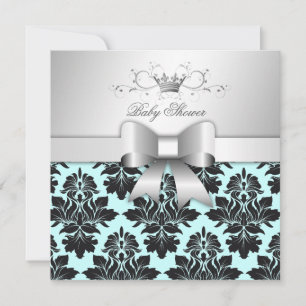 311-Blackberry Sweet Blue Damask Bow Baby Shower Invitation
