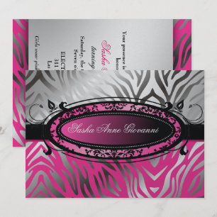 311-C'est Luxueux Hot Pink Zebra Sweet 16 Invitation
