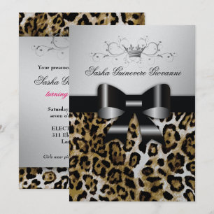 311 Chic Brown Leopard Bow 5x7 Silver Metallic Invitation