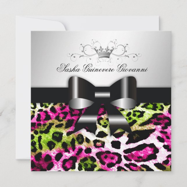 311- Chic Hot Pink Lime Leopard Bow  | Sweet 16 Invitation (Front)