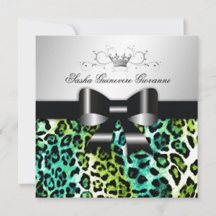 311- Chic Hot Turquoise Lime Leopard Sweet 16 Invitation