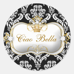 311 Ciao Bella Elegant Damask Black White Classic Round Sticker