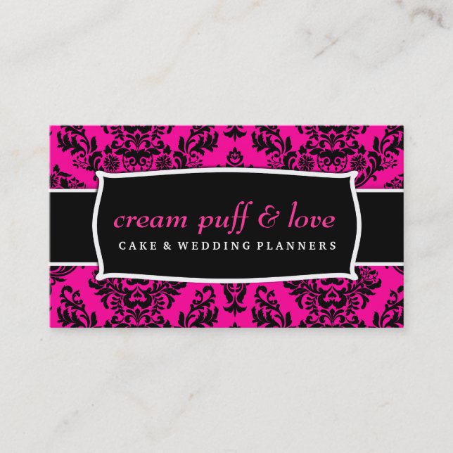 311 Cream Puff & Love Black Hot Pink Damask Business Card (Front)