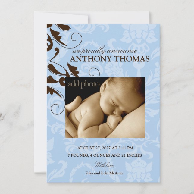 311-Damask Baby Boy Announcement (Front)