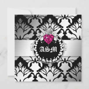 311-Damask Queen of Hearts Sweet 16 BW Invitation