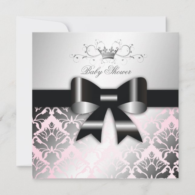 311-Damask Shimmer Black Bow Pink Baby Shower Invitation (Front)