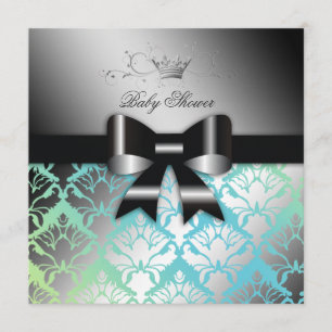 311-Damask Shimmer Black Bow Turq Lime Baby Shower Invitation