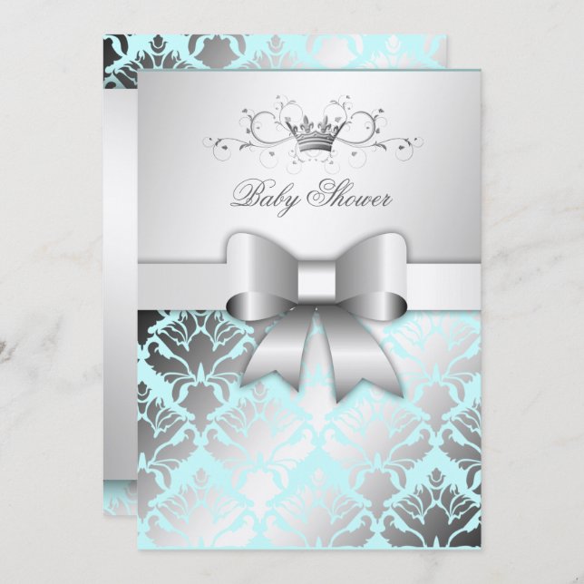 311 Damask Shimmer Bow Boy Blue Baby Shower Invitation (Front/Back)