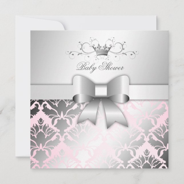 311-Damask Shimmer Bow Precious Pink Baby Shower Invitation (Front)