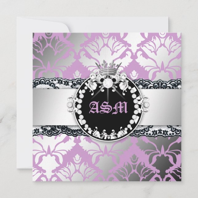 311-Damask Shimmer Queen Lace n' Kisses Purple Invitation (Front)