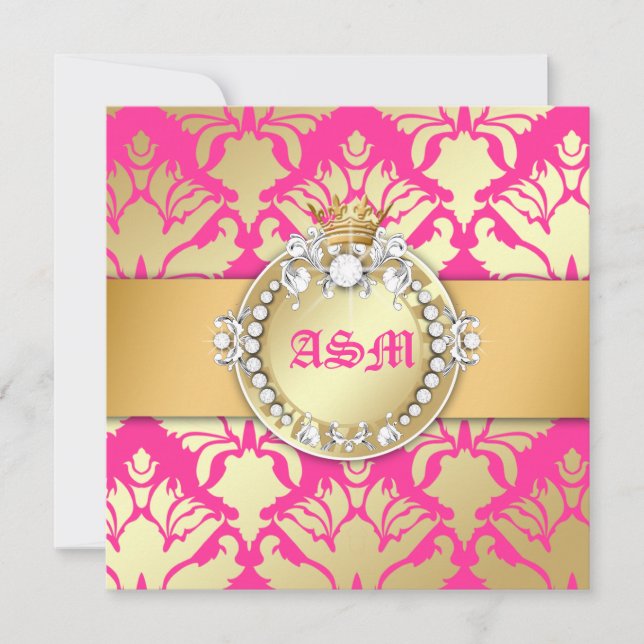 311-Damask Shimmer Queen Sweet Sixteen Golden Pink Invitation (Front)
