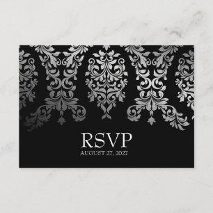 311 Dashing Damask Black Faux Silver RSVP Card