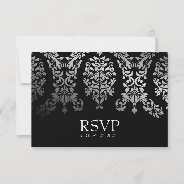 311 Dashing Damask Black Faux Silver RSVP Card (Front)