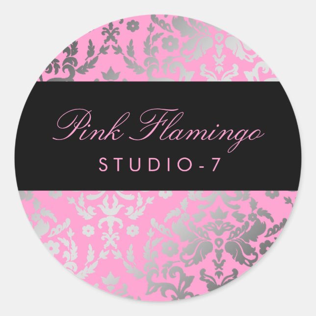 311-Dazzling Damask Pink Flamingo Classic Round Sticker (Front)