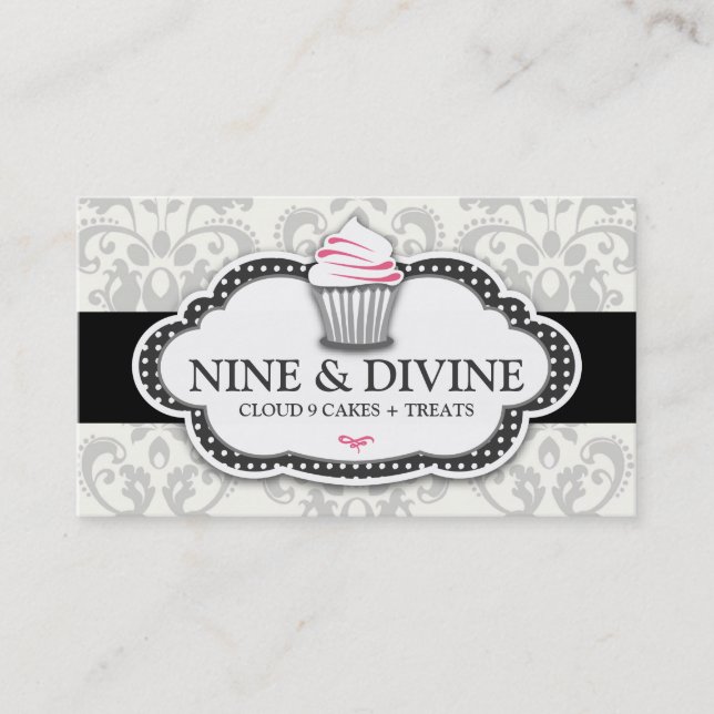 311 Divine Grey Damask Cupcake Business Card (Front)