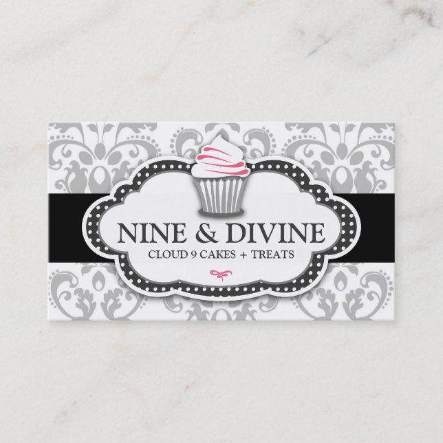 311 Divine Grey White Damask Cupcake Business Card (Front)