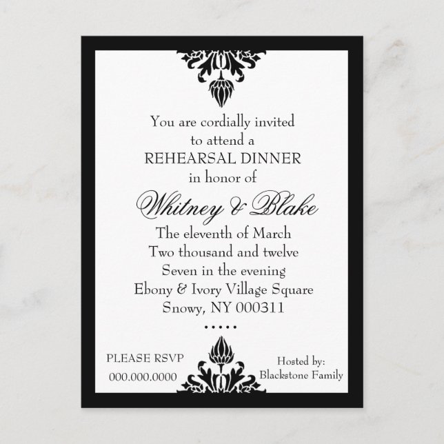 311 EBONY IVORY DAMASK INVITATION POSTCARD (Front)