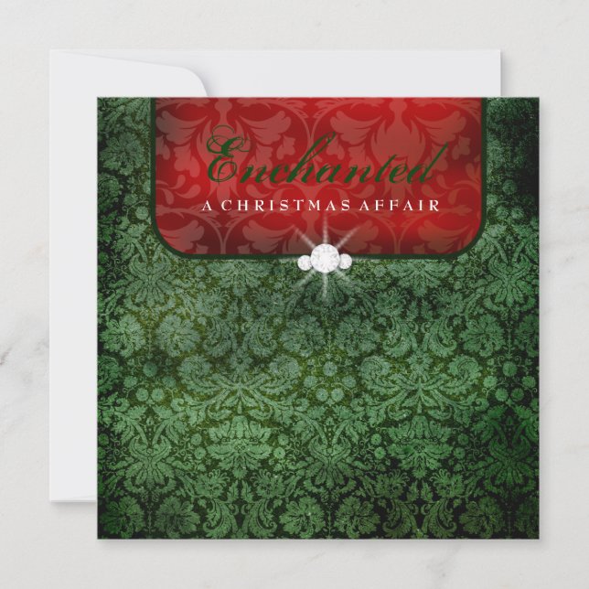 311-Enchanted Red Green Damask Square Invitation (Front)