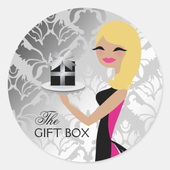 311 Gift Box Cutie Wavy Blonde Damask Classic Round Sticker (Front)