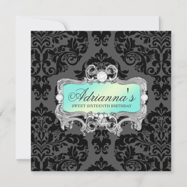 311 Glam Aqua Lime Damask Diamonds Invitation (Front)