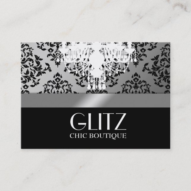 311 Glitz Boutique  Black Damask Silver Business Card (Front)