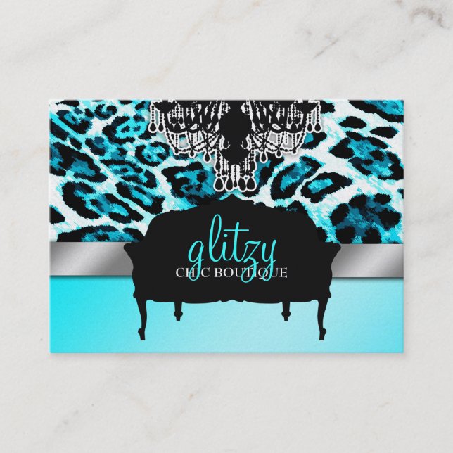 311 Glitzy Chic Boutique Leopard Turquoise Metalli Business Card (Front)