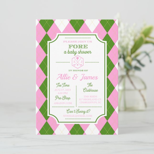 311 Golf Themed Baby Shower Pink Green Invitation (Standing Front)