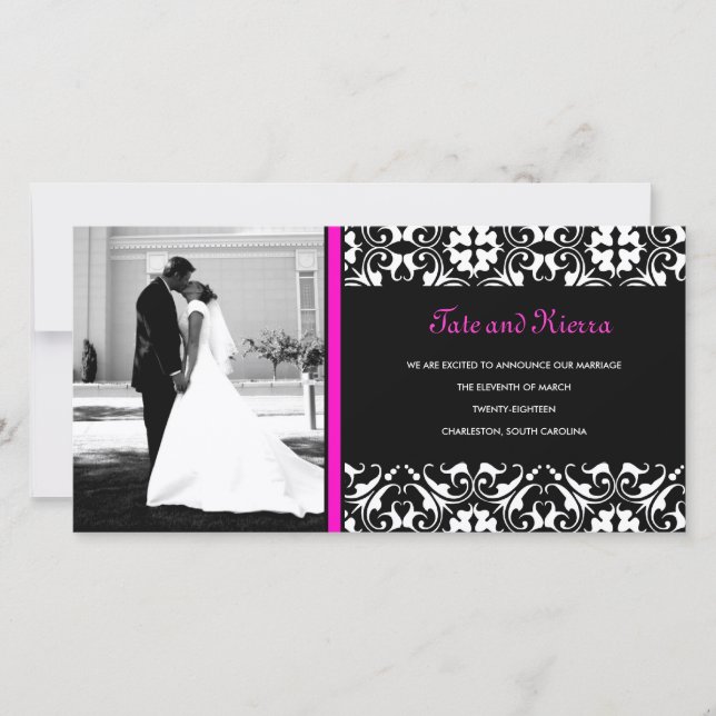 311-HOT PINK DAMASK WEDDING PHOTO CARD (Front)