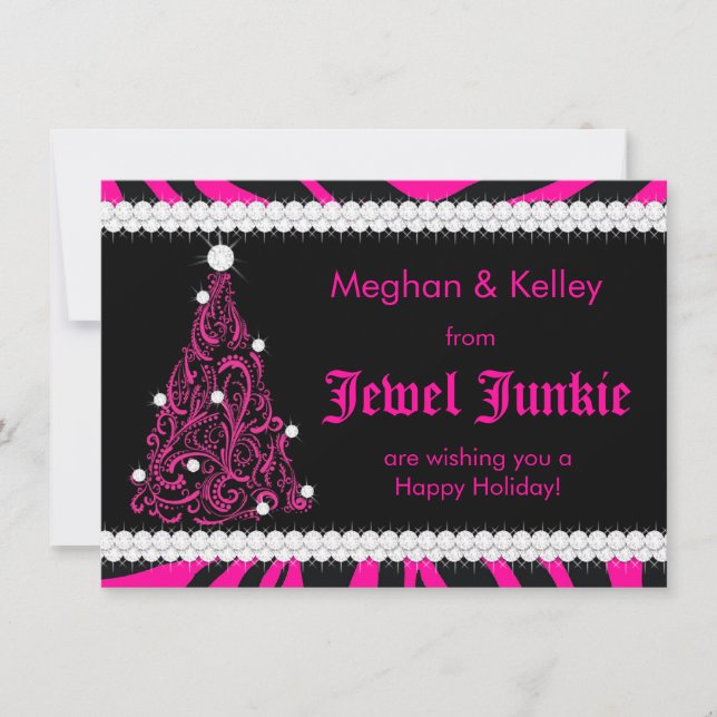 311 Hot Pink Zebra Jeweled Tree Holiday Card (Front)