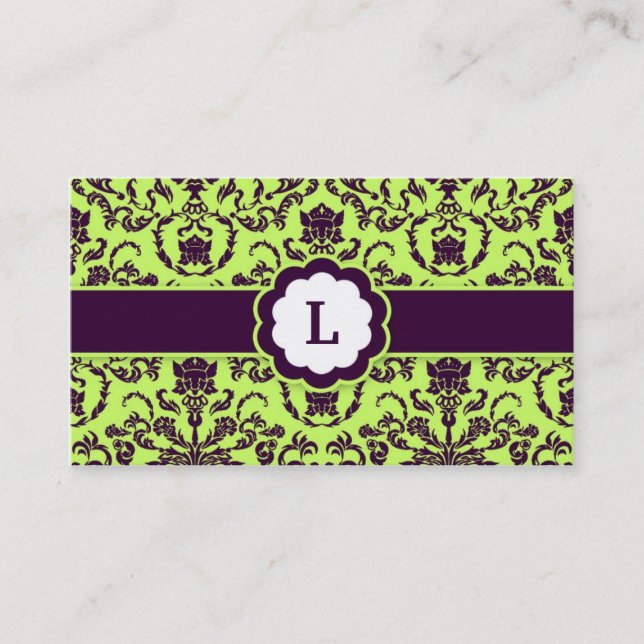 311-Lauren Damask Monogram | Lime Business Card (Front)